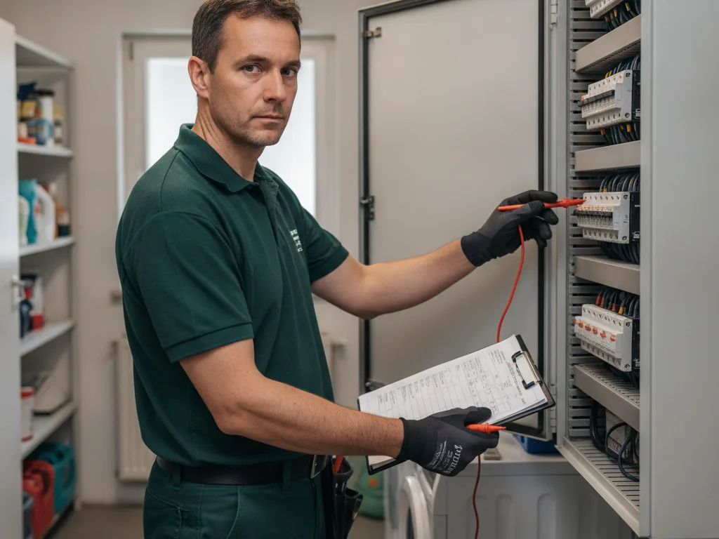 Électricien réalisant un contrôle OIBT sur un tableau électrique à Neuchâtel